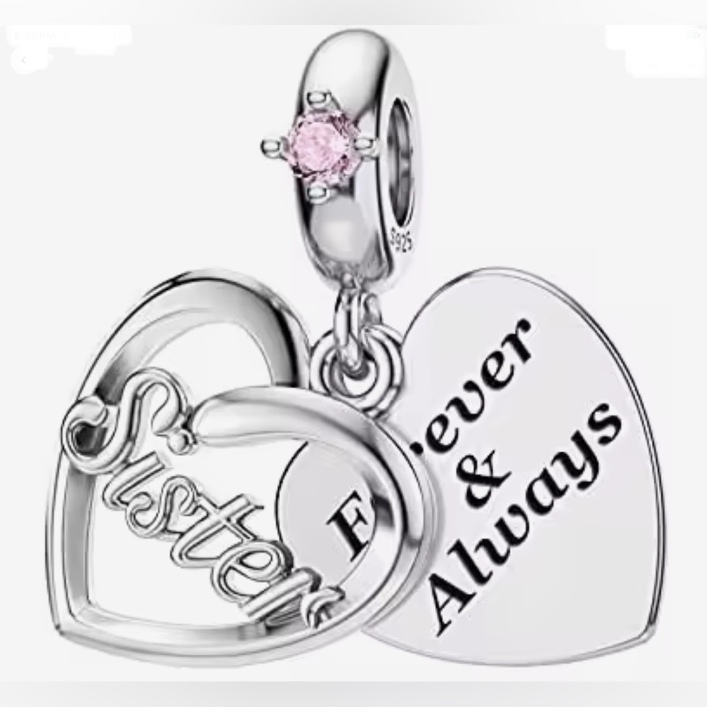 🌻 S925 Sterling Silver SISTER Heart Charm with Pink Sapphire Gemstone
